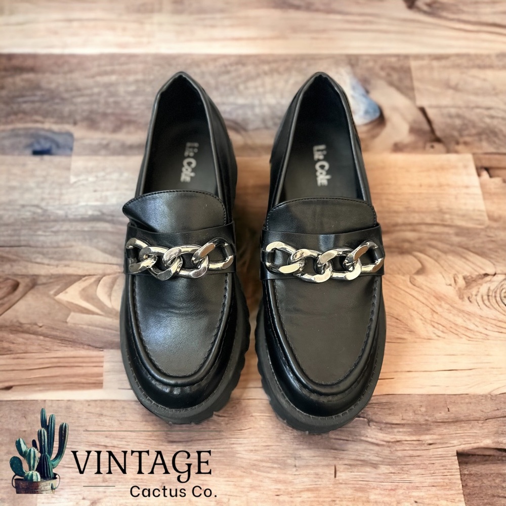 New! Liz Cole Chunky Oxford PU Platform Shoes Round Toe Metal Chain Slip-on’s